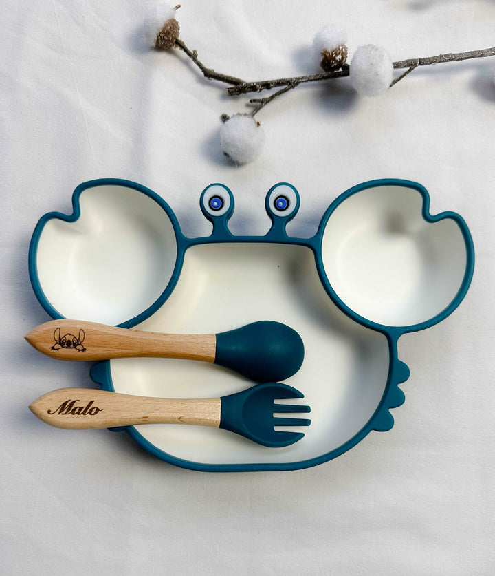 Set repas assiette crabe + couverts pour enfant personnalisé