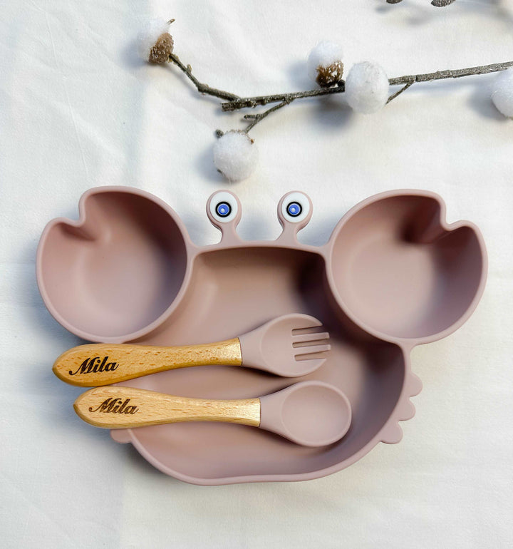 Set repas assiette crabe + couverts pour enfant personnalisé