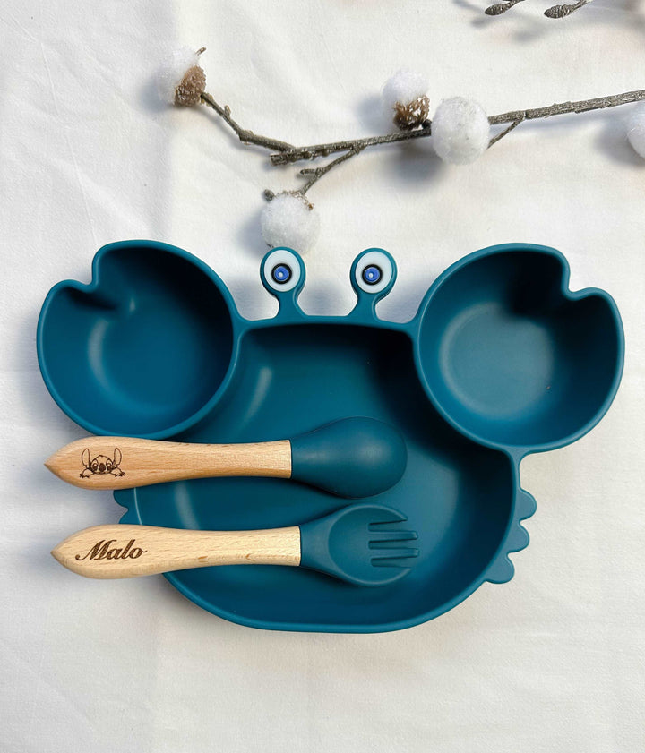 Set repas assiette crabe + couverts pour enfant personnalisé