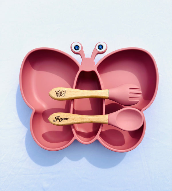 Set repas assiette papillon + couverts pour enfant personnalisé