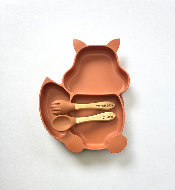 Set repas assiette renard + couverts pour enfant personnalisé