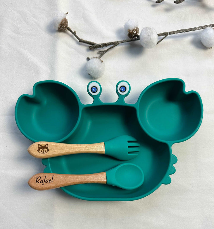 Set repas assiette crabe + couverts pour enfant personnalisé